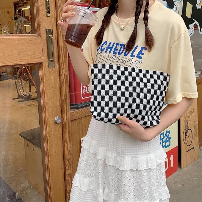 PAZIMIIK Knitted Checkered Makeup Bag Large Zipper Make Up Accessory Pouch for Purse Cosmetic Brush Bag for Travel Essential,Black