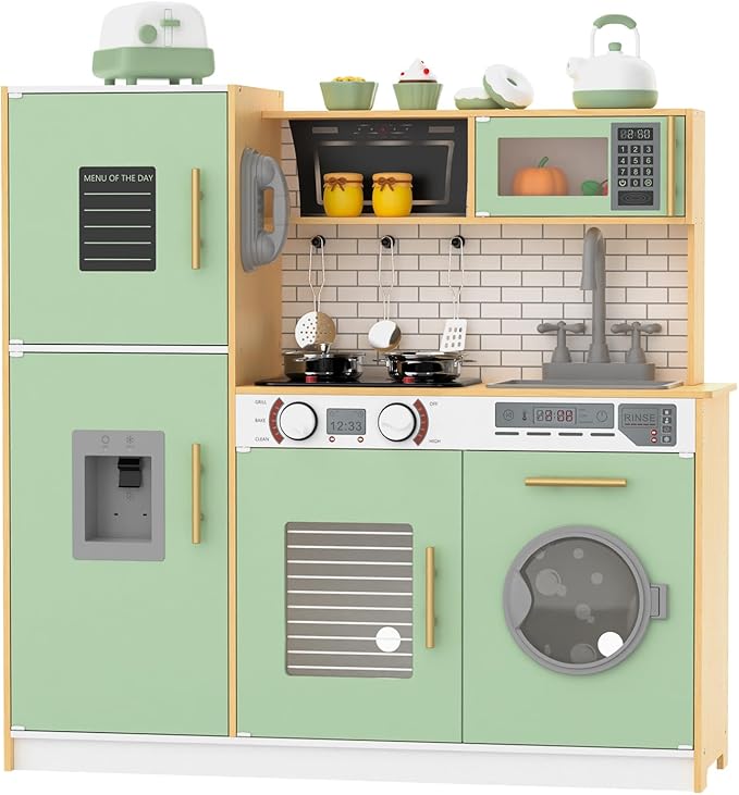 Babytronic Wooden Kitchen Playset for Kids, Interactive Play Kitchen with Lights & Sounds, Children Pretend Toy Kitchen Set with Faucet, Oven, Microwave, Kitchenware for Toddlers Ages 3+ (Green&Wood)