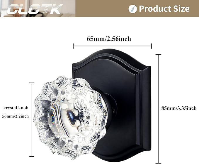 CLCTK 2 Pack Glass Dummy Door Knobs, Antique Inactive Crystal Half-Dummy Door Knobs for Hall and Closet, Matte Black