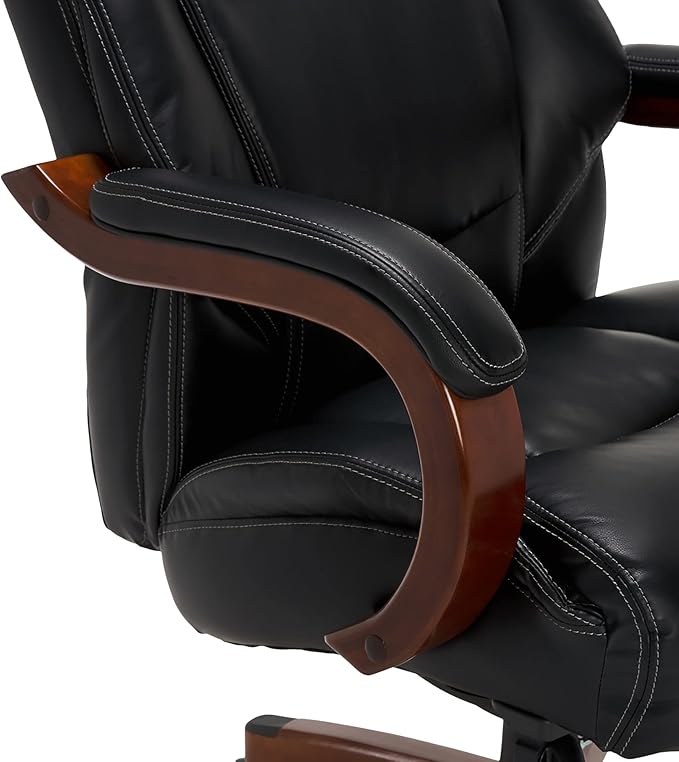 La-Z-Boy Delano Big & Tall Executive Office Chair, High Back Ergonomic Lumbar Support, Bonded Leather, Black with Mahogany Wood Finish