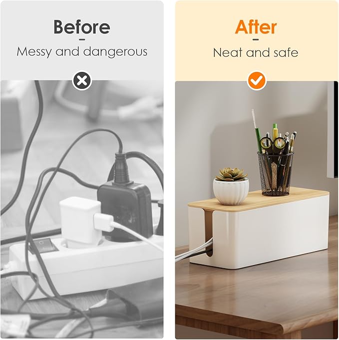 Delamu 2 Pack Cable Management Box Wooden, Wood Box with Lid Safe ABS Cord Hider Box Medium and Small Cable Organizers for Cords, Cable Raceways Power Strip Cover Box Baby Pet Proof for Home Office