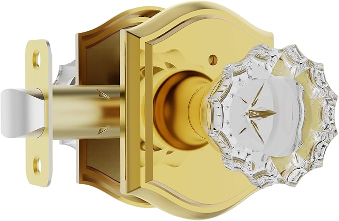 CLCTK Glass Door Knobs Interior with Lock, Crystal Privacy Gold Door Knob Polished Brass Door Knobs for Bedroom Bathroom, 1 Pack