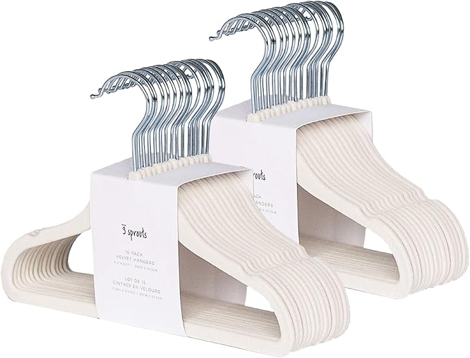 3 Sprouts Velvet Baby Hangers - Non-Slip Hanger for Infant, Toddler, Baby Clothes - Closet Kids Hangers with Slim Design, Nordic Colors, Pack of 30 - Cream