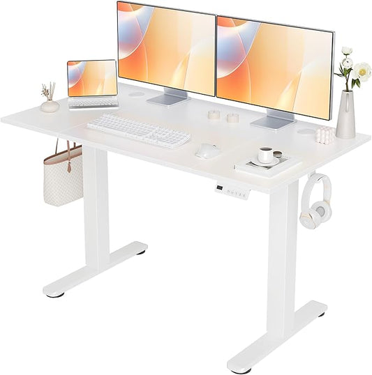 Seang Electric Height Adjustable Standing Desk, 48 x 24 Inch Sit-Stand Workstation with T-Style Frame, 3 Memory Height Options & Built-in Cable Management for Home Office, White Frame/White Top