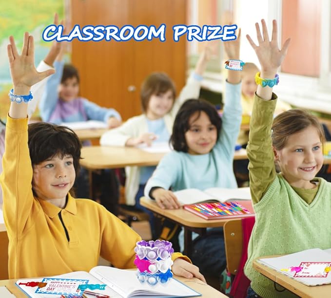 40pcs Valentines Day Gifts for Kids Classroom Exchange Pack Cards for Kids Heart Shape POP Bracelets and Valentines Day Cards for Kids Classroom Prizes Party Favors Goody Bag Filler