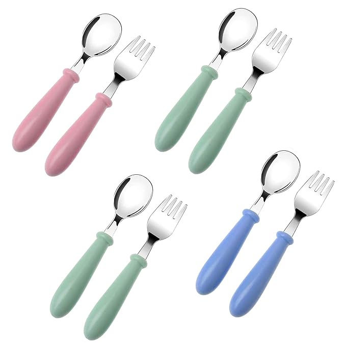 8 Pieces Toddler Utensils, Stainless Steel Toddler Spoons and Forks Kids Silverware Toddler Silverware Set for Safe Dining Baby Utensils (4 Set)