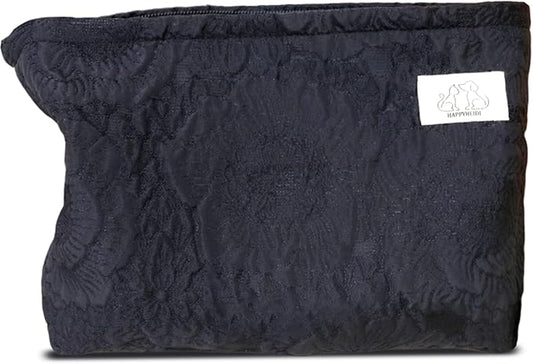 HAPPYHEIDI Large Floral Black Quilted Makeup Bag Cosmetic Toiletry Travel Pouch Purse Organizer, Canvas Lined, Embroiddered Flowers