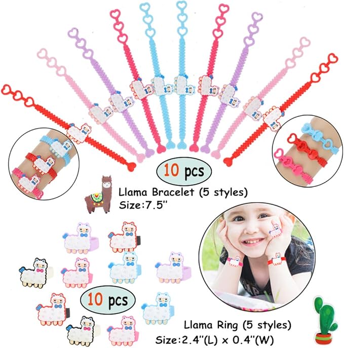 Llama Party Favors Supplies - Llama Bracelet Ring Necklace Keychains Hair Clips Puffy Sticker Gift Bag Alpaca Toys Gift for Kids Birthday School Prizes Rewards(60 pcs)