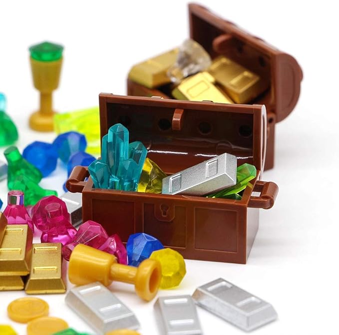 Feleph Treasure Accessories Money Building Blocks Set Jewel Chest, Gems Diamonds, Bullion Gold Tile Silver Bar, Power Crystals, Coins, Goblet, 100 Dollar Bill Cash Toy Brick