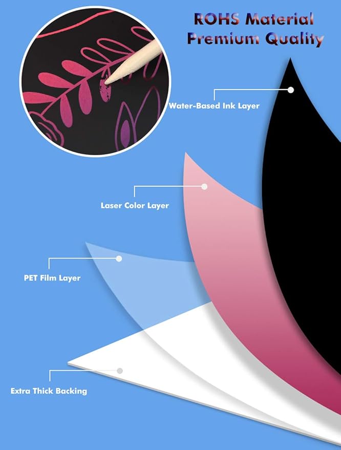 52 Pcs Rainbow Scratch Paper Art Set 8.3" x 11.02" Black Scratch Off Big Size Art Book Crafts Kit Ideal for Kids DIY Party Favors Game Activities Birthday and Christmas Gifts (SP862)