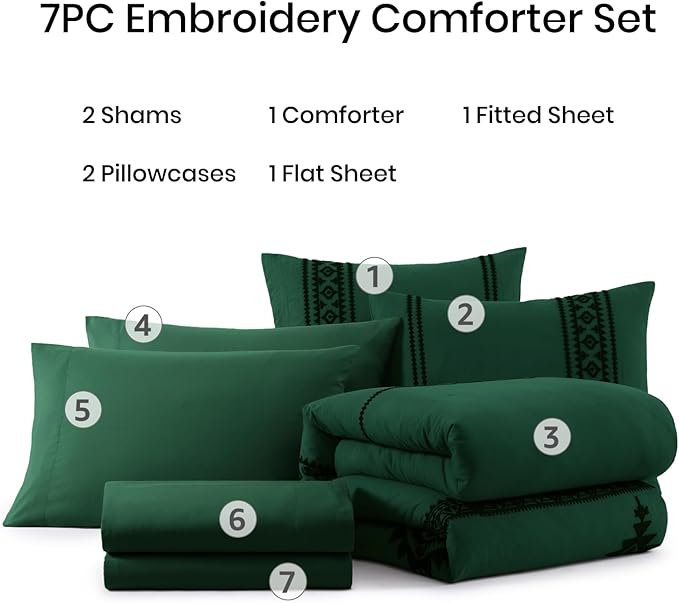 MaiRêve Embroidery Comforter Set, Boho Farmhouse Western Bedding Set, All Season Bed in A Bag Comforter Set with Sheets, Pillowcases & Shams, Emerald Green Full 7 Pieces