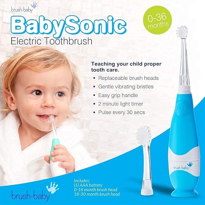 BabySonic Infant and Toddler Electric Toothbrush for Ages 0-3 Years - Safe and Sensitive Brush Heads, Sucker Base, Timer, Waterproof