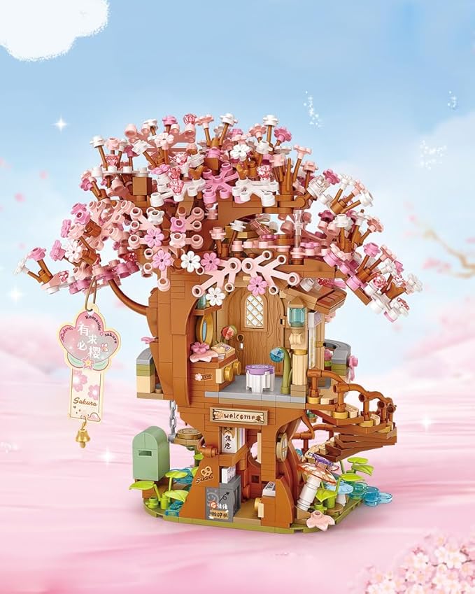 Japanese Sakura Tree House Building Blocks Set, Pink Cherry Tree Bonsai Creative Architecture, Home Decor or Idea Gifts for Adults and Kids, Mini Particles 1149 PCS (1381)