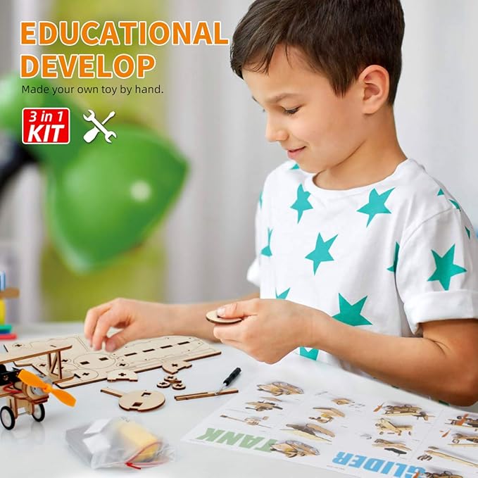 Mini Tudou 3D Wooden Puzzle Solar Car, 3-in-1 STEM Science Kit Toy to Build Wood Models Including Solar Power Vehicle Electronic Tank and Plane Toys Set, DIY Educational Play Set for Kids Boys Girls