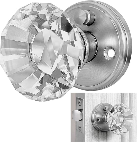 Silver Crystal Door Knob with Lock, Glass Door Knobs Interior Privacy Set, Vintage Decorative Antique Style Handle for Bedroom, Bathroom, Closet, 1 Pack