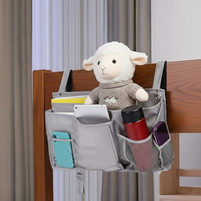 Bedside Organizer, Durable Bunk Bed Caddy, Multi-Pocket Hanging Storage Bag for College Dorm, Home, Hospital and Baby Stroller, Easy Installation, Metal Rivets Added, Oxford Fabric(Gray)