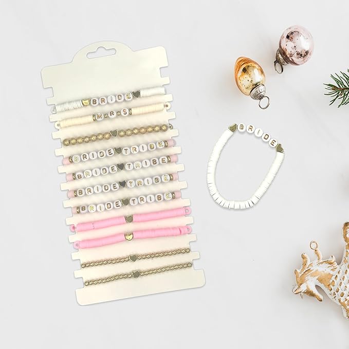 Bridal Shower Decorations, Bachelorette Party Favors, 11 Pcs Pink Bride Tribe Clay Bead Bracelet Preppy Bracelet Stretch for Women Wedding Boho Disc Party Beach Wedding Gift Supplies (White & Pink