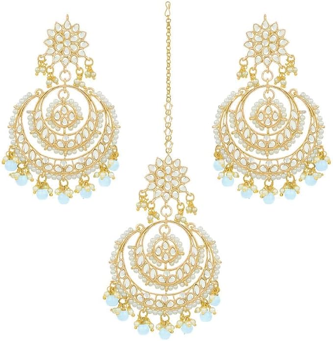 Aheli Bollywood Ethnic Chandbali Style Big Earrings Maang Tikka Set Traditional Fashion Jewelry Gift for Women