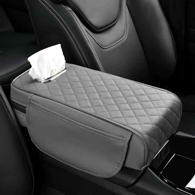 Wogomz Car Center Console Cover, 13"×7.09"×2.95" Leather Car Armrest Cover with Pockets & Tissue Box, Comfortable Auto Armrest Cushion, Universal Arm Rest Protector for Car SUV Truck (Gray)