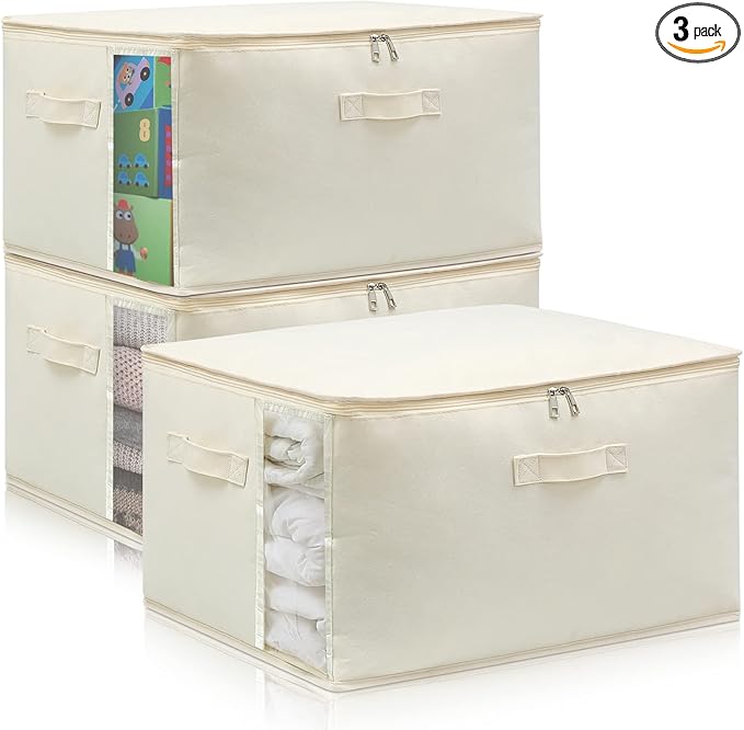 Canvas Comforters Bags Closet Organizers and Storage for Quilts Clothes Organization Containers Bins with Sturdy Zipper, Clear Window 75L for Sweaters Blankets Storage Bedroom Collapsible