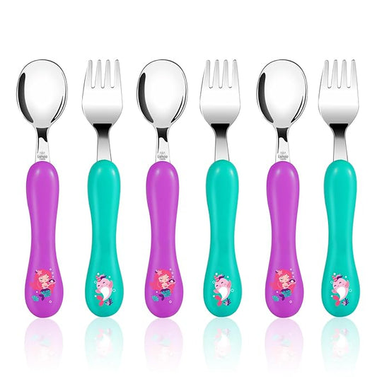 Lehoo Castle Toddler Fork and Spoon, 6pcs Toddler Utensils Kids Silverware, Safe Stainless Steel Toddler Fork Spoon Set, Children Flatware Set, Incudes 3 Spoons and 3 Forks (Mermaid)