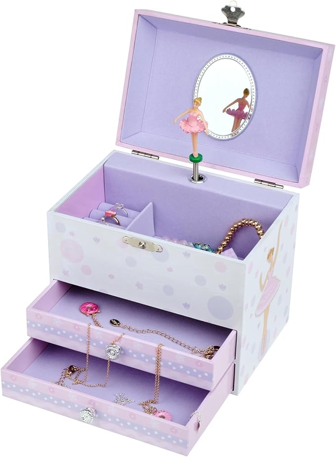 Jewelkeeper Jewelry Box - Jewelry Box for Girls with Ballerina and Music Box - Dual Drawers and Spacious Storage - Swan Lake Tune - White and Purple Keepsake Box - 6 x 6.75 x 5.25 Inches