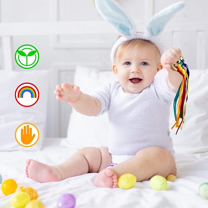 2pcs Baby Natural Wood Bracelet with Bell Rainbow Ribbon Sensory Toy- The Best Sensory Toys for Audiovisual and Motor Development, Encourages Parent-Child Interaction, for Babies Aged 3-24 Months