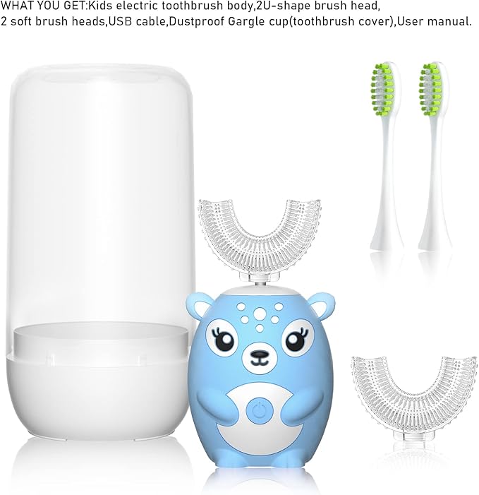 Kids Electric Toothbrushs U Shaped sonic Automatic Toothbrush with 4 Brush Heads, Six Cleaning Modes,Cartoon deer Modeling , full mouth toothbrush for baby