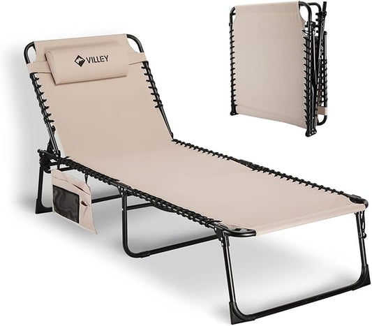 VILLEY Oversize Chaise Lounge Outdoor, Heavy-Duty Folding Lounge Chair for Outside, Portable Trifold Beach Lounger with 5 Adjustable Positions for Outdoor, Patio, Beach, Lawn, Backyard, Camping -Beige