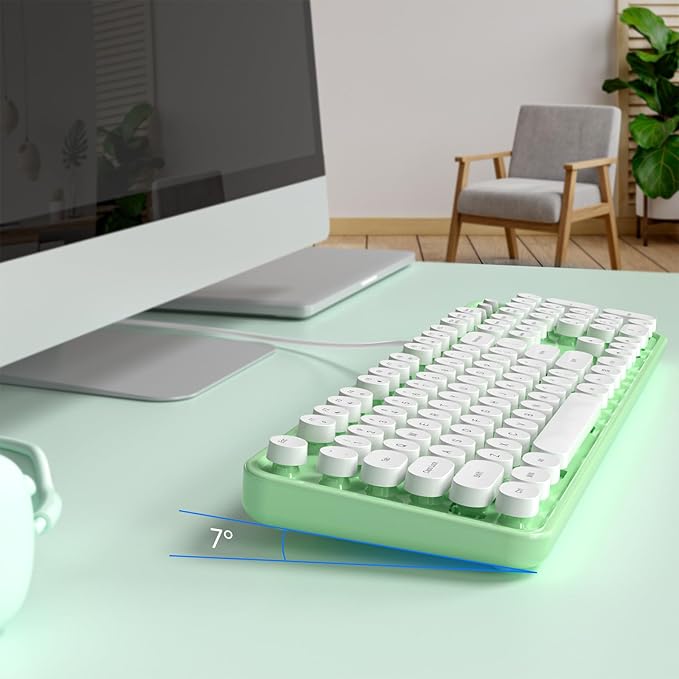 Computer Keyboard Wired, Plug and Play USB Retro Round Typewriter Keyboard, Full Size Wired Keyboard with Foldable Stands for Laptop and Office PC- Green&White Colorful