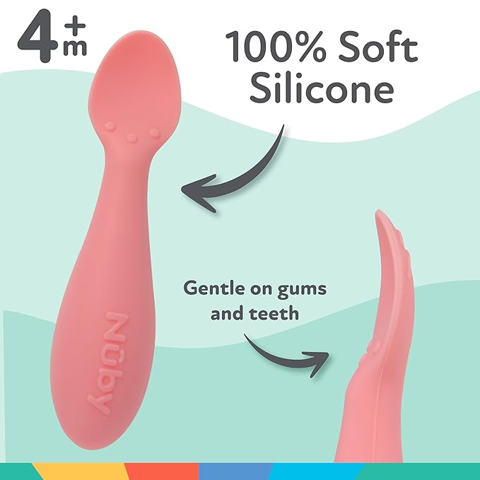Nuby Silicone Mini Spoons - (2-Pack) Baby-Led Weaning Spoons for Babies - 4+ Months - Pink