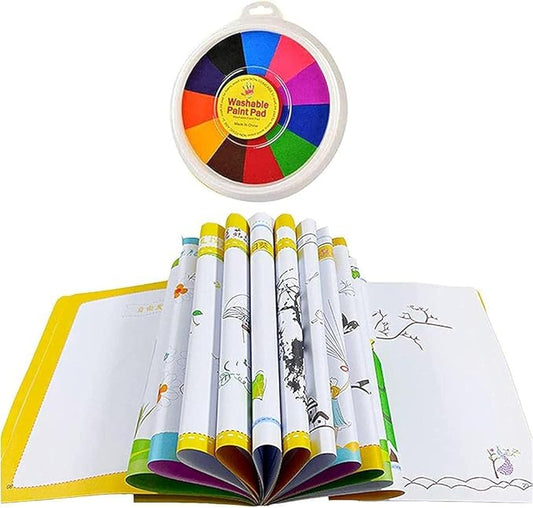 Funny Finger Painting Kit and Book, 12 Color Washable Finger Drawing with Finger Paint Pad, Easy Clean and Non Paint Toys for Baby, Baby Finger Painting Kit Toys