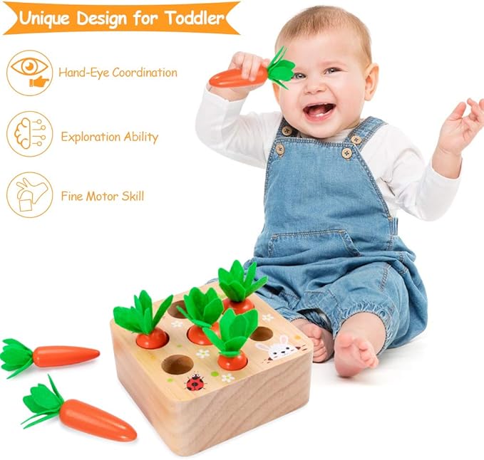 Montessori Toys Baby Easter Toys for Toddlers 1-3 Years Old, Educational Wooden Carrot Toys Shape Size Sorting Matching Puzzle, Great Baby Easter Gifts Birthday Gift Toys