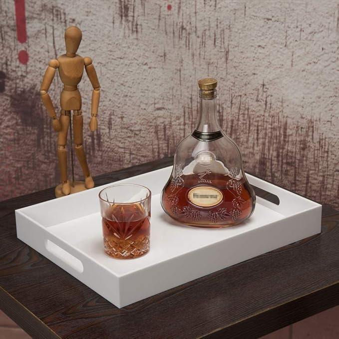 Glossy White Acrylic Serving Tray, 12x16Inch, Sturdy Kitchen Countertop Organizer, Decorative Vanity Table Tray, Ottoman Tray, 3/16 inch Thickness