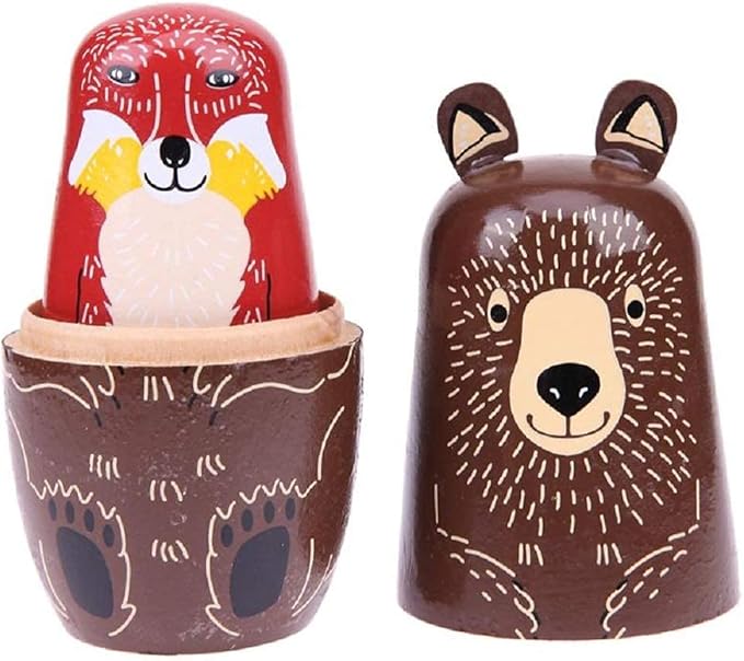 Konrisa Animal Nesting Dolls Handmade Figurine Wooden Stacking Dolls Toys for Children Kids,Home Decoration Party Supplies,Set of 5 Brown Bear