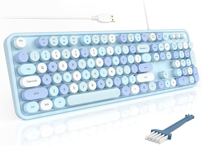 MOFII Computer Keyboards Wired, Plug Play USB Full Size Typewriter Keyboard, Cute Colorful Aesthetic Keyboard with Foldable Stands for Windows PC Laptop (Blue Colorful)
