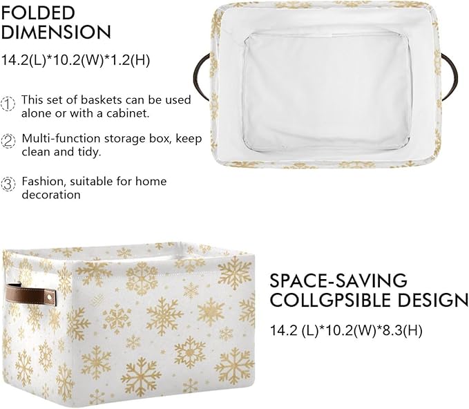 Collapsible Fabric Storage Bins with Handles Gold Snowflakes Fabric Closet Organizers and Storage Baskets with Metal Frame, Storage Basket for Shelves, Laundry, Office 2 Pack