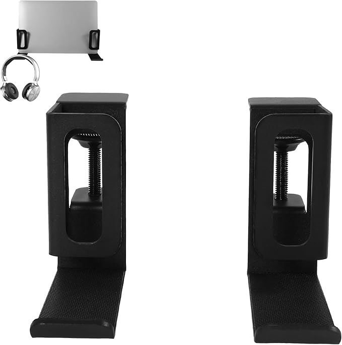 Desk Side Laptop Stand, Vertical Desk Side Laptop Holder with Headphone Stand, Adjustable Length Mount Storage Rack, No Drill Clamp Organizer for Laptops, Tablets, Keyboards (Black)