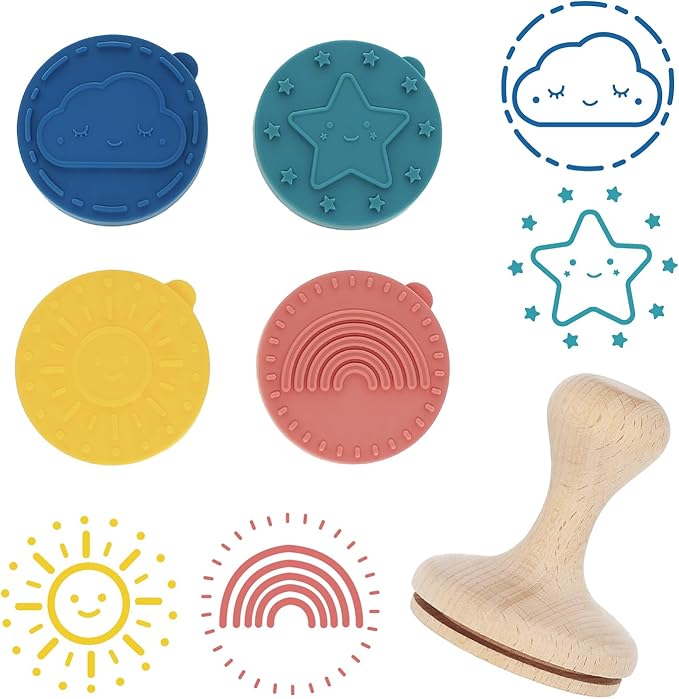Happy Skies Rubber Stamp with Wood Handle, 4 Interchangeable Silicon Stamps of a Sun, Cloud, Star, and Rainbow, Fun Kids Craft Supplies and Art Supplies, Arts and Crafts for Kids 4-6 and Families
