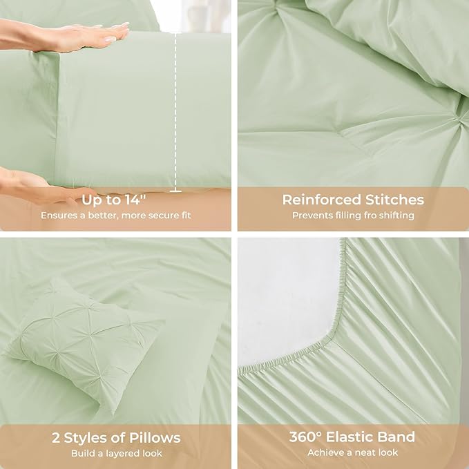 Sasttie King Size Comforter Set, 7-Piece Bed in a Bag, Pintuck Bedding Sets for All Season, Includes Comforter, Flat Sheet, Fitted Sheet, Pillowcases and Pillowshams, Mint