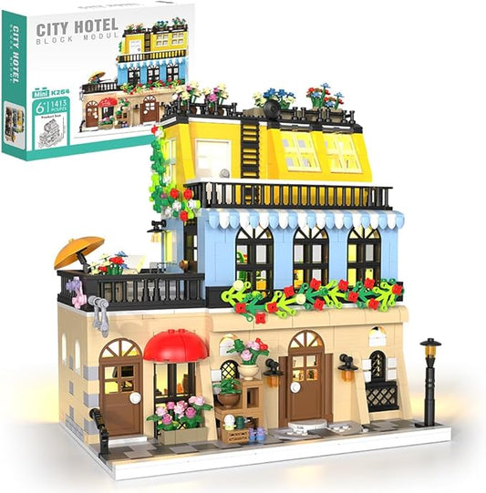 City Hotel Building Block Set with LED, Construction House Building Toy Gift for Adult Teen Age 14,Mini Bricks 1464pcs (Not Compatible with Lego)