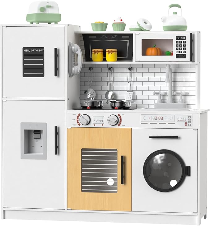 Babytronic Wooden Kitchen Playset for Kids, Interactive Play Kitchen with Lights & Sounds, Children Pretend Toy Kitchen Set with Faucet, Oven, Microwave, Kitchenware for Toddlers Ages 3+ (White)