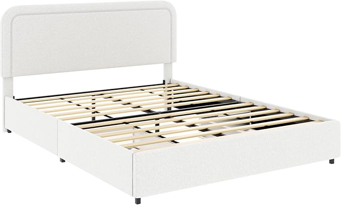 Christopher Knight Home Liv Upholstered Bed with Storage, Queen Size Platform Bed with 2 Drawers, Curved Stitched Tufted Headboard, Wooden Slat Mattress Support, No Box Spring Needed, Ivory Boucle
