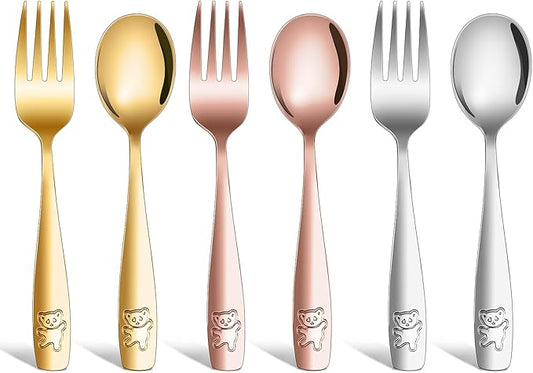 6 Piece Stainless Steel Kids Silverware Set,Toddler Utensils,Children Safe Food Grade Forks and Spoons,Mirror Polished, Dishwasher Safe