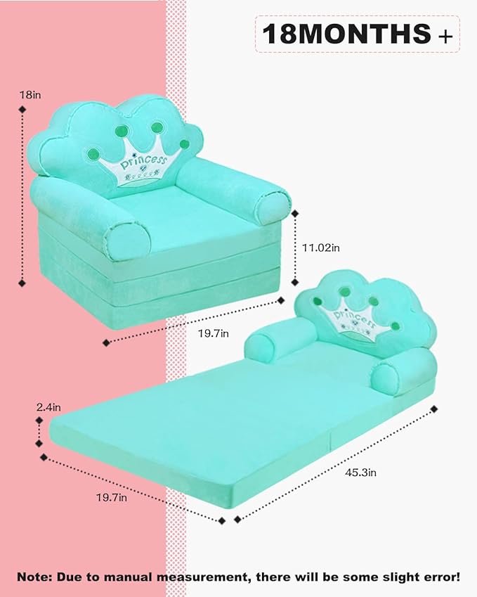 MOONBEEKI Kids Couch Fold Out, Foldable Princess Chair for Toddlers 1-3, Sofa Bed for Kids Folding Toddler Bed Lounger Chair for Bedroom, Toddler Couch Bed for Girl