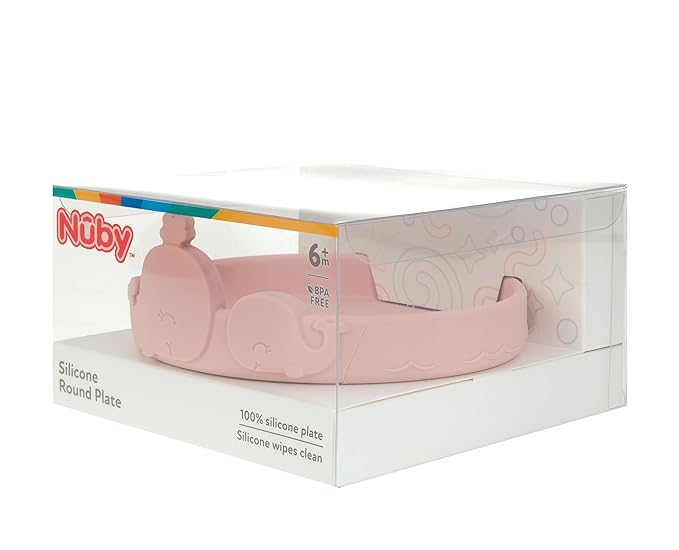 Nuby Animal Friend Silicone Round Plate - Toddler Plate - 6+ Months - Pink Whale Plate