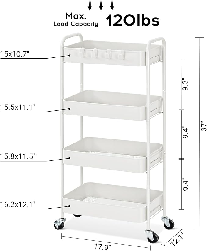 TOOLF 4-Tier Metal Rolling Cart with Wheels, Storage Utility Organizer Cart for Kitchen, Bathroom, Office, Baby Essentials & Makeup - Lockable Casters, Easy Assembly, Large Capacity, White