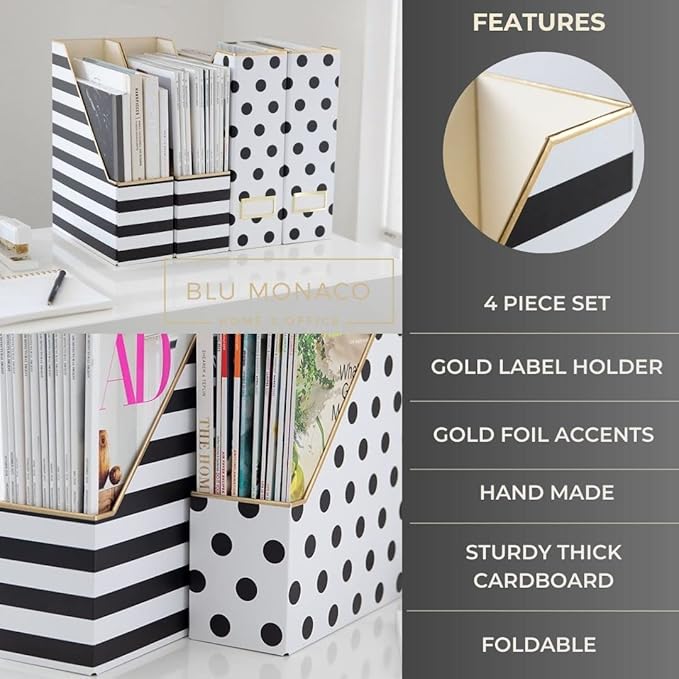 BLU MONACO Set of 4 Magazine File Boxes | 2 Black & White Stripes + 2 Polka Dots | Cardboard File Organizer Boxes for Desk, Office & Classroom Paper Storage – Foldable Magazine Holders