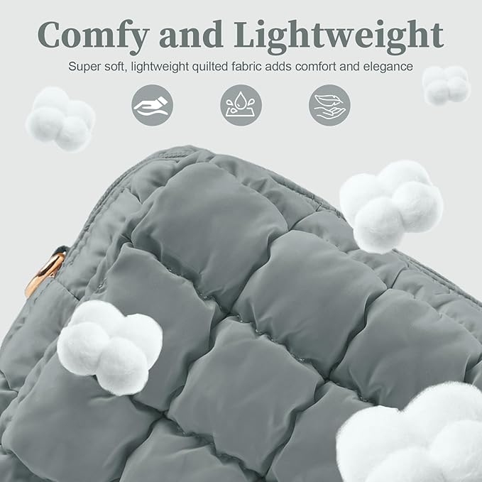 Puffer Quilted Makeup Bag Cosmetic Bags,Puffy Travel Toiletry Pouch for Women,Cute Checkered Zipper Bag Travel Essential,Portable Aesthetic Make up Organizer Bag for Gifts Work Daily(Grey,S)