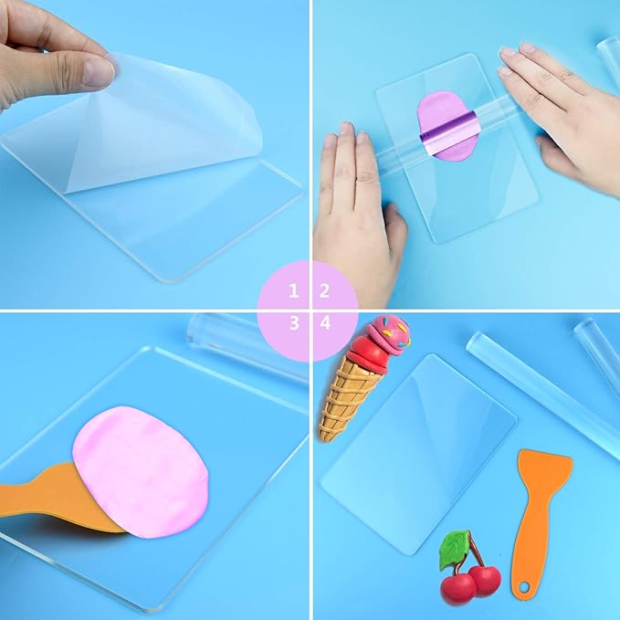 5 Pieces Polymer Clay DIY Tool, Marrywindix Acrylic Clay Roller with Acrylic Sheet Backing Board Plastic Scraper Assisted Shovel Rubber Clay Tools Molds for Shaping and Sculpturing Modelling
